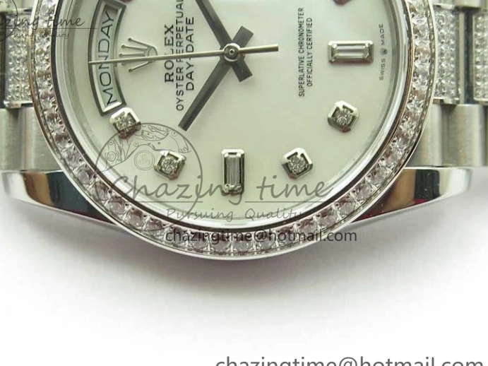 0516 Day-Date 36mm 128239 SS Crystal BP Best Edition White MOP Crystal Marker Dial on SS President Bracelet A MoistureWicking 2682